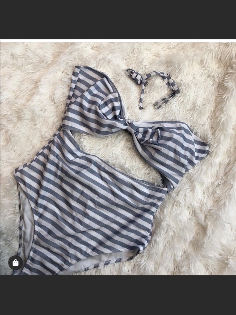 Striped Gray & White One-Piece Swimsuit with Bow Front XXL PinUp